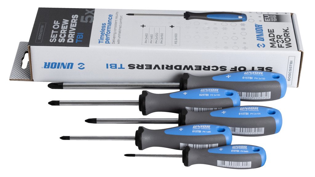 طقم مفك مصلب يد جلد 4* crosstip (PH) screwdriver TBI (article 615TBI) dim. PH 0*60, PH 1*80, PH 2*100, PH 3*150 1* TBI double-crosstip (PZ) screwdrive