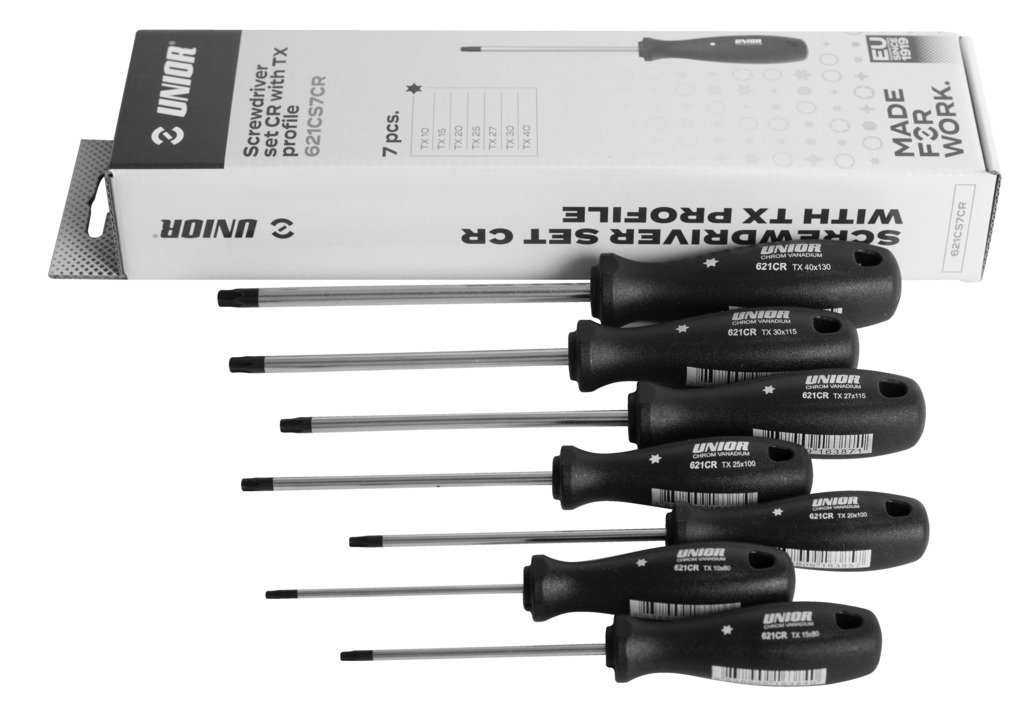 طقم مفكات مشرنف 7* screwdriver CR with TX profile (article 621CR) dim. TX 10, TX 15, TX 20, TX 25, TX 27, TX 30, TX 40 621CS7CR UNIOR