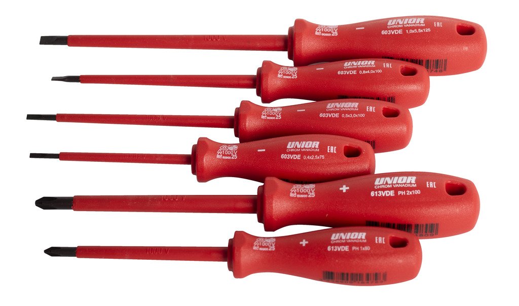 طقم مفكات عادي+مصلب معزول (6 PCS) 4* electrician´s screwdriver with insulated blade VDE (article 603VDE) VDE dim. 0.4*2.5*75, 0.5*3.0*100, 0.8*4.0*100