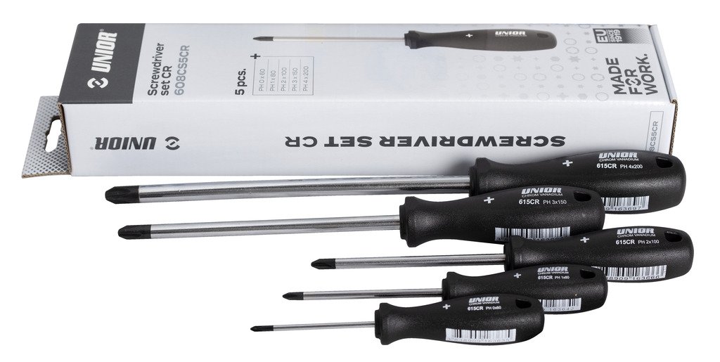 طقم مفك مصلب 5* crosstip (PH) screwdriver CR (article 615CR) dim.PH 0*60, PH 1*80, PH 2*100, PH 3*150, PH 4*200 608CS5CR UNIOR