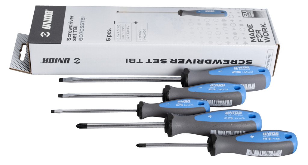 طقم مفكات يد جلد 3* TBI flat screwdriver (article 605TBI) dim. 0.8*4.0*100, 1.0*5.5*125, 1.2*6.5*150 2* TBI crosstip (PH) screwdriver (article 615TBI)
