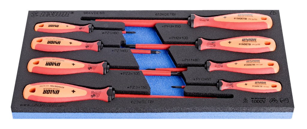 طقم مفكات معزول اسفنجة (8 PCS ) 4* crosstip (PH) screwdriver with insulated blade, VDE TBI (article 613VDETBI) dim. PH 0*60, PH 1*80, PH 2*100, PH 3*1