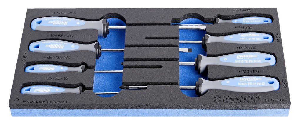 طقم مفكات يد جلد اسفنجة 4* TBI flat screwdriver (article 605TBI) dim. 0.5*3.0*80, 0.8*4.0*100, 1.0*5.5*125, 1.2*6.5*150 3* TBI crosstip (PH) screwdriv