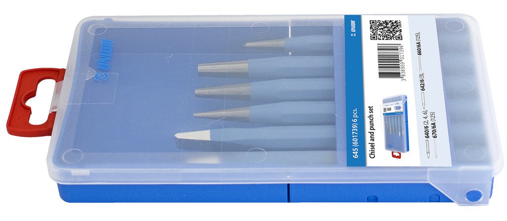 طقم سنبك 6 PCS 3* drift punch (article 640/6) in dim. 2, 4, 6 1* centre punch (article 642/6) in dim. 3 1* mason`s chisel (article 660/6A) dim. 125 1*