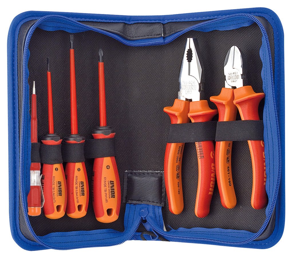 شنتة عدة معزول (6 PCS ) 1* combination pliers (article 406/1VDEBI) dim. 180 1* diagonal cutting nippers (article 461/1VDEBI) dim. 160 2* electrician´s