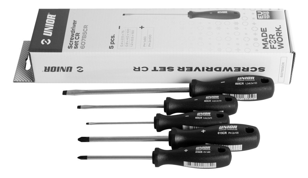 طقم مفكات عادي و مصلب 3* flat screwdriver CR (article 605CR) dim. 0.4*2.5*75, 0.8*4.0*100, 1.2*6.5*150 2* crosstip (PH) screwdriver CR (article 615CR)