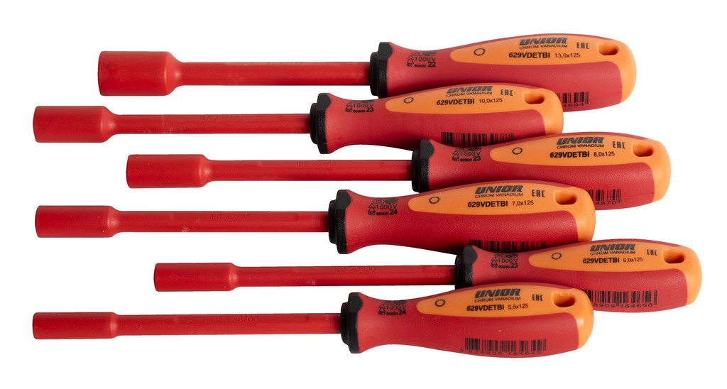 طقم مفكات راس بوكس معزول 5.5 - 13 / (6 PCS) 6* insulated socket wrench with VDE TBI handle (article 629VDETBI) dim. 5.5, 6, 7, 8, 10, 13 629CS6VDETBI 