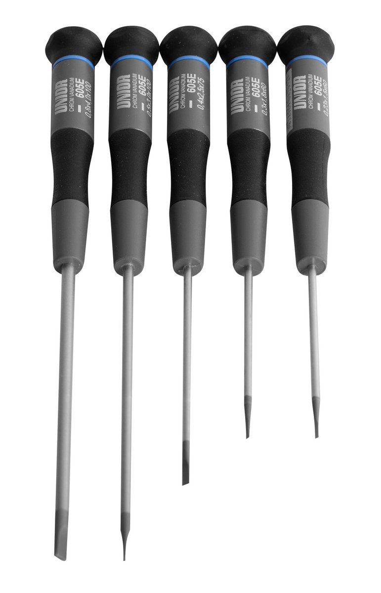 طقم مفكات عادي الكتروني 5* Flat electronic screwdriver (article 605E) dim. 0.23 * 1.5*60, 0.3 * 1.8*60, 0.4 * 2.5*75, 0.5 * 3.0*100, 0.8 * 4.0*100 606