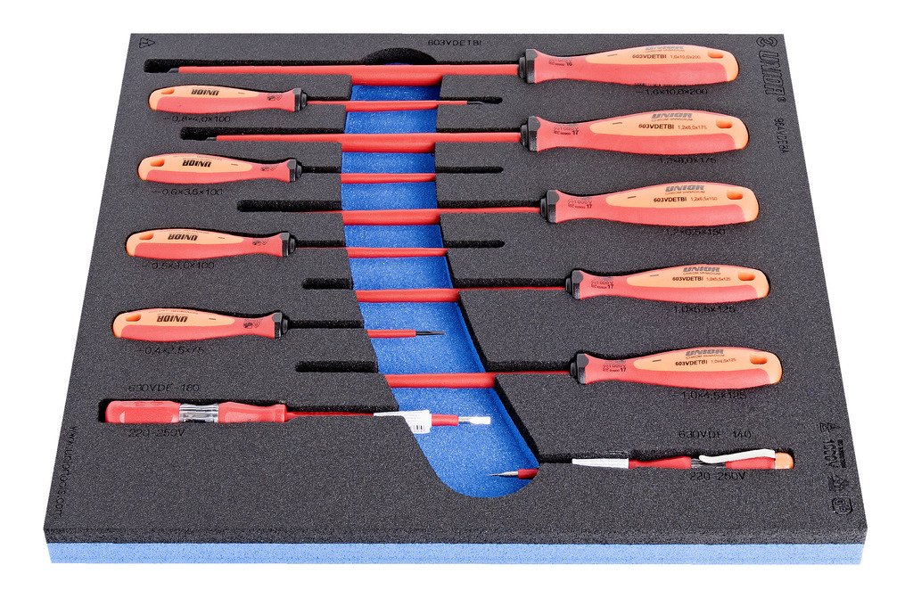 طقم مفكات معزول اسفنجة (11 PCS ) 9* VDETBI electrician´s screwdriver with insulated blade (article 603VDETBI) dim. 0.4*2.5*75, 0.5*3.0*100, 0.6*3.5*10