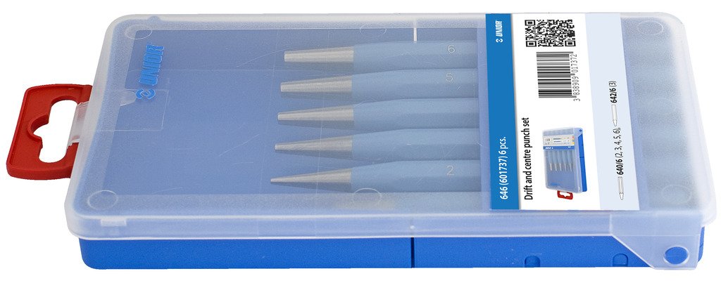 طقم سنبك 6 PCS 5* drift punch (article 640/6) in dim. 2, 3, 4, 5, 6 1* centre punch (article 642/6) in dim. 3 646 UNIOR