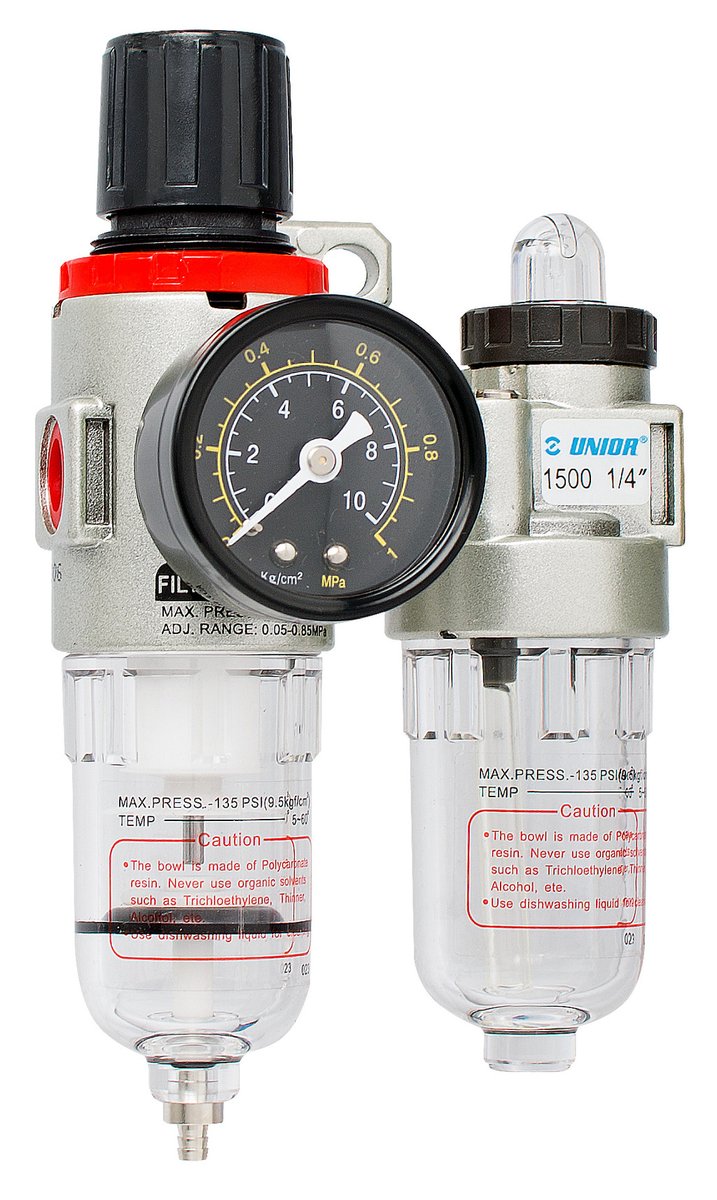 منظم هواء * air inlet 1/4" maximum air pressure: 9,5 Bar air consumption 600 l/min working pressure 0,5 - 8,5 Bar working temperature 5 - 60 °C filter