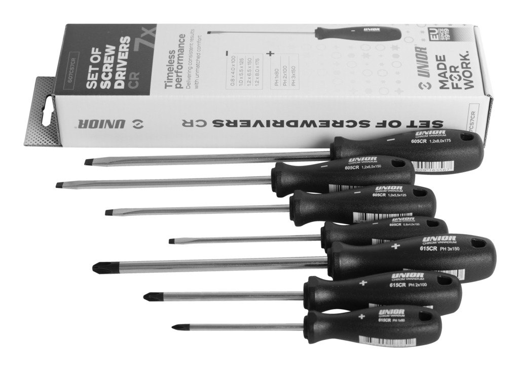 طقم مفكات عادي و مصلب 4* flat screwdriver CR (article 605CR) dim. 0.8*4.0*100, 1.0*5.5*125, 1.2*6.5*150, 1.2*8.0*175 3* crosstip (PH) screwdriver CR (