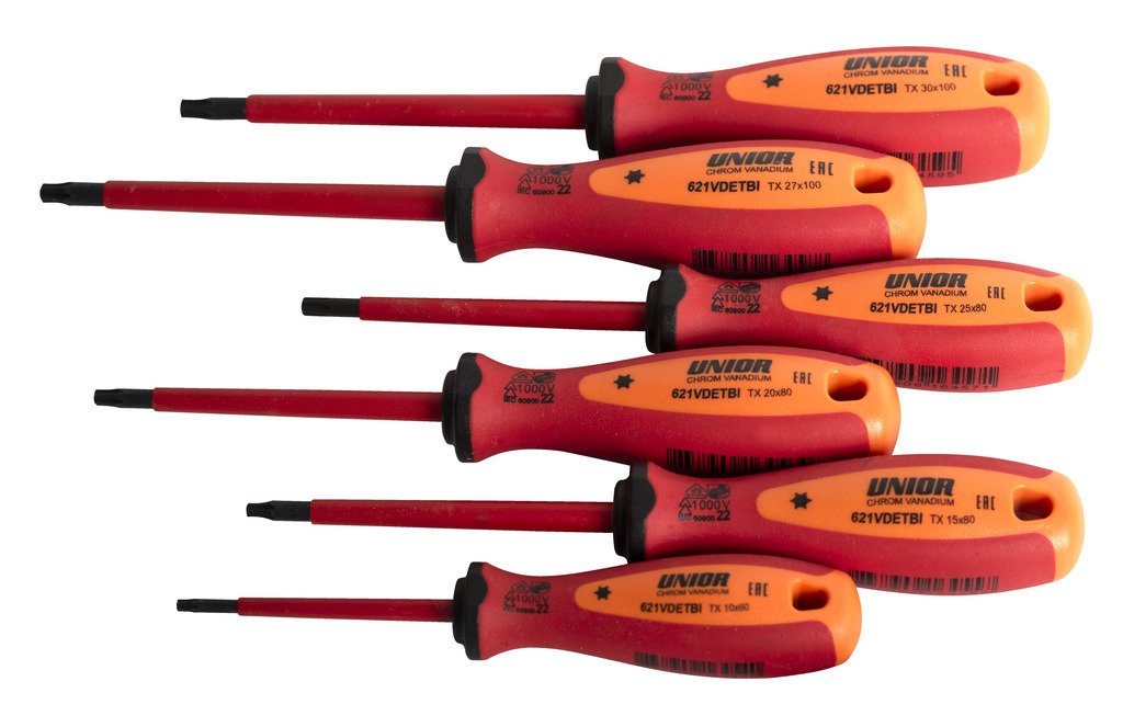 طقم مفكات مشرنف معزول TX 10 - TX 30 / (6 PCS) 6* screwdriver with insulated blade VDE TBI with TX profile (article 621VDETBI) dim. TX10, TX15, TX20, T