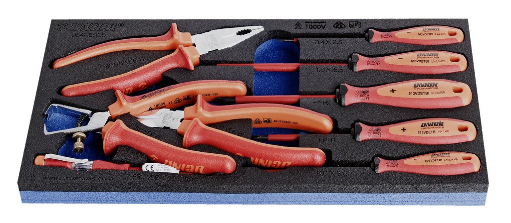 طقم مفكات+زرادية معزول اسفنجة (9 PCS ) 1* combination pliers (article 406/1VDEBI) dim. 180 1* diagonal cutting nippers (article 461/1VDEBI) dim. 160 1
