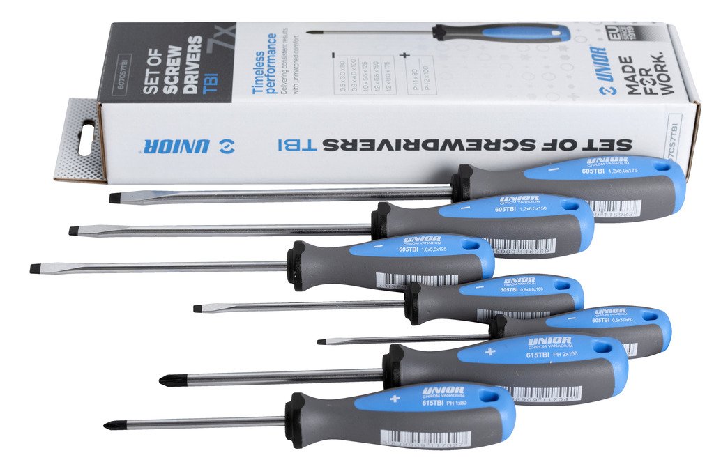 طقم مفكات يد جلد 5* flat screwdriver TBI (article 605TBI) dim. 0.5*3.0*80, 0.8*4.0*100, 1.0*5.5*125, 1.2*6.5*150, 1.2*8.0*175 2* TBI crosstip (PH) scr