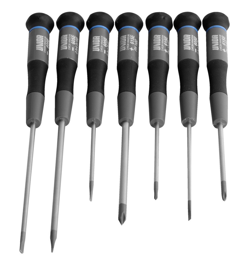 طقم مفكات مصلب الكتروني 4* Flat electronic screwdriver (article 605E) dim. 0.3 * 1.8*60, 0.4 * 2.5*75, 0.5 * 3.0*100, 0.8 * 4.0*100 3* Crosstip (PH) e